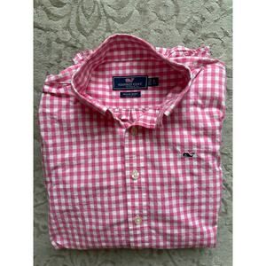 Vineyard Vines Boys L Gingham Whale Shirt Pink White Long Sleeve Cotton